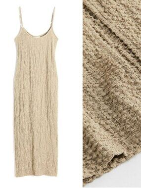 H&M Beige Textured Crinkle Jersey Knit Cami Midi Dress Size M